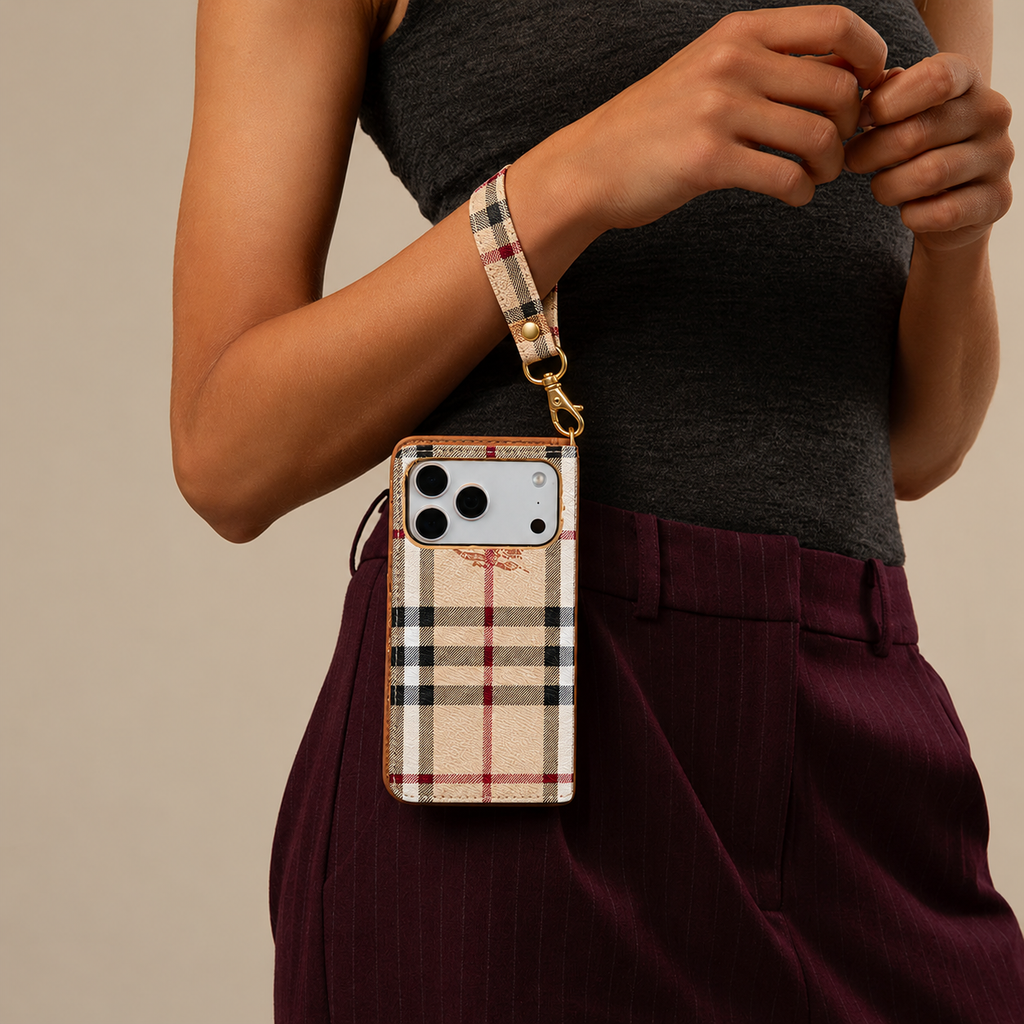 Beige Check Flip iPhone Case with Wrist Strap — product view 3