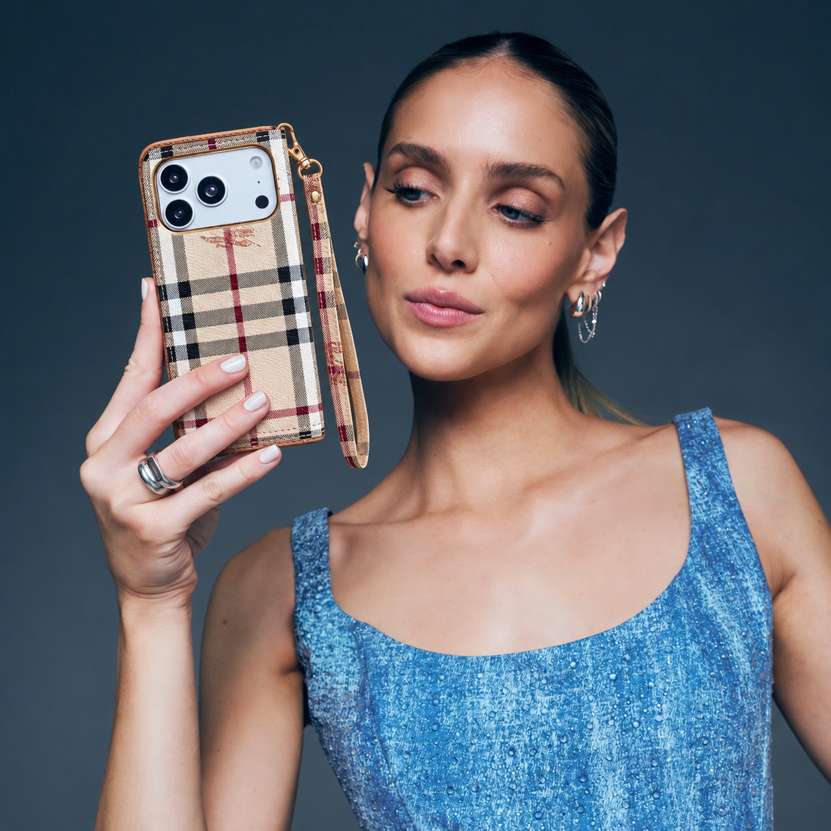 Beige Check Flip iPhone Case with Wrist Strap — product view 6