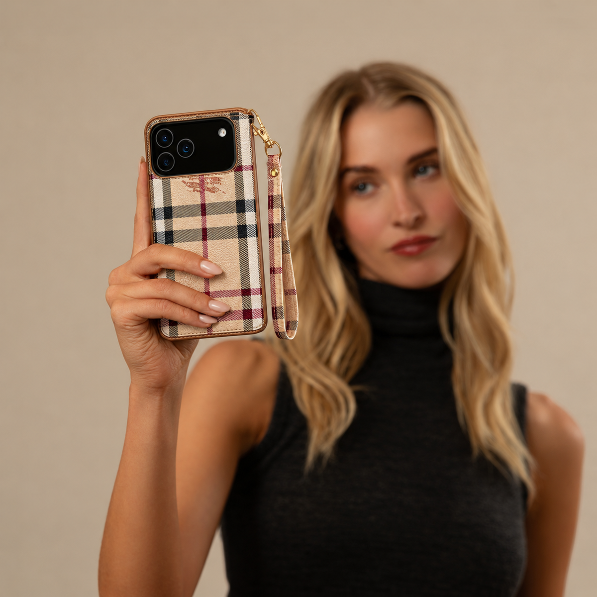Beige Check Flip iPhone Case with Wrist Strap — product view 2
