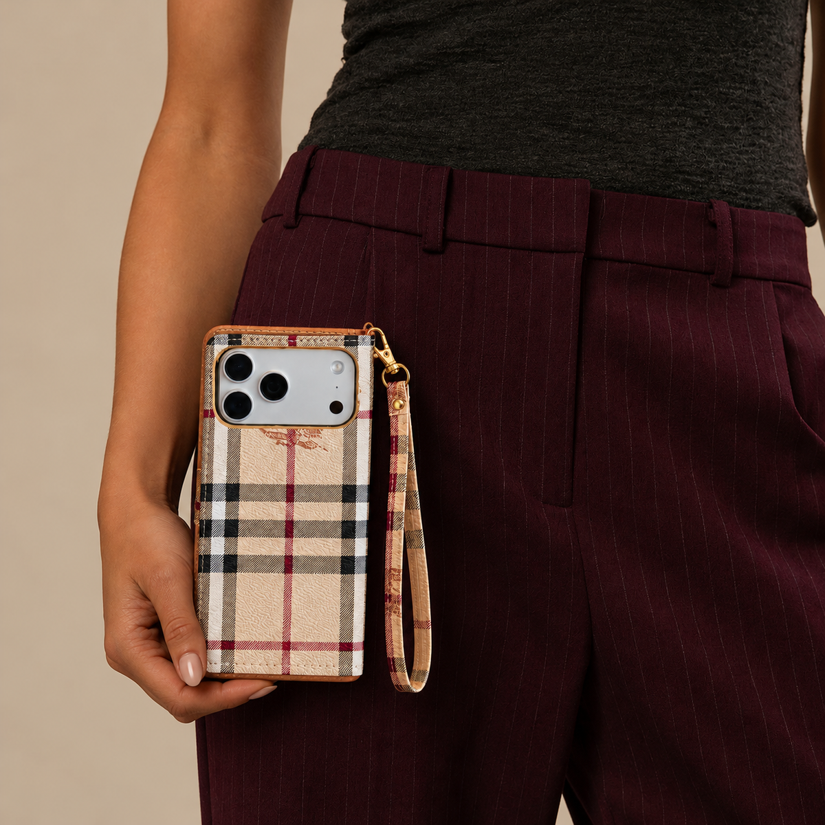 Beige Check Flip iPhone Case with Wrist Strap — product view 1