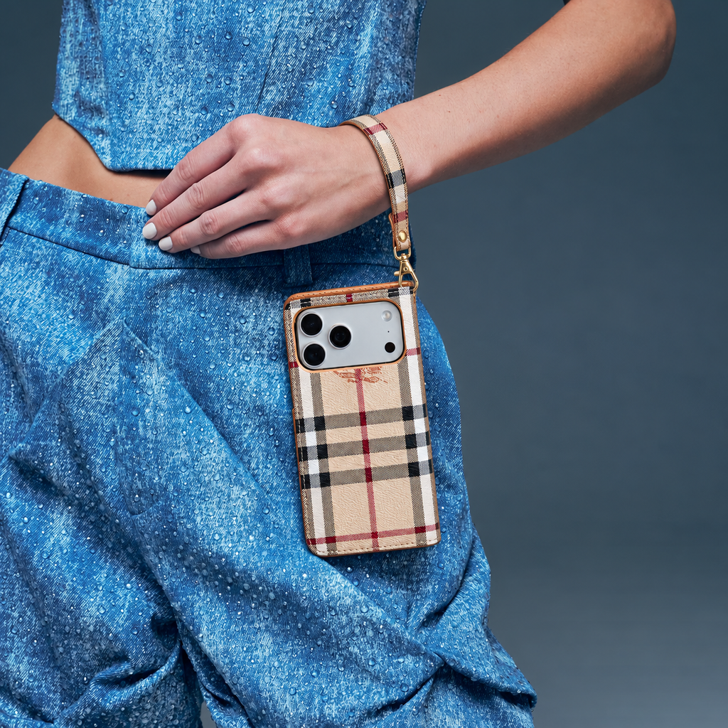 Beige Check Flip iPhone Case with Wrist Strap — product view 5