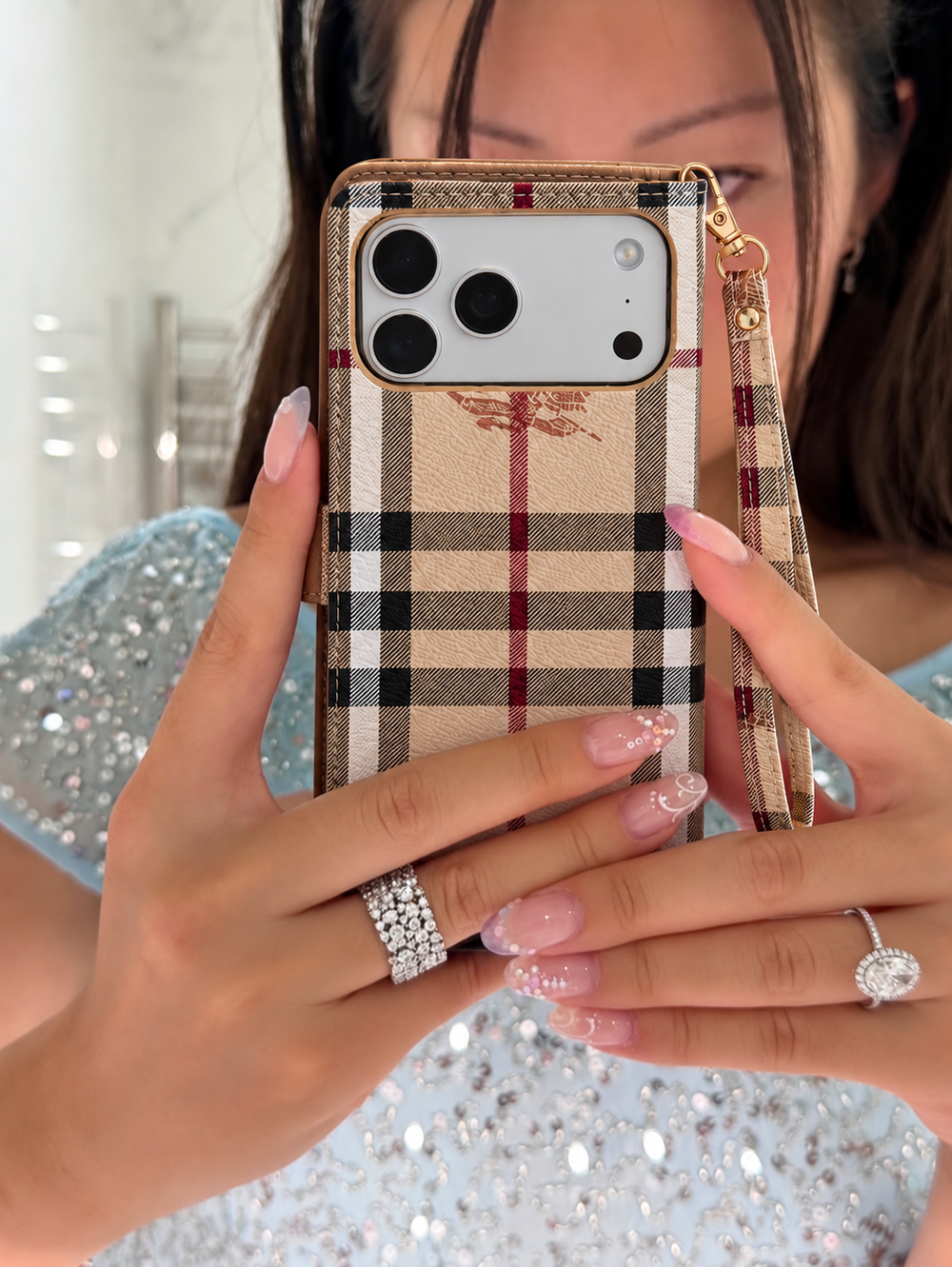 Beige Check Flip iPhone Case with Wrist Strap — lifestyle scene 8