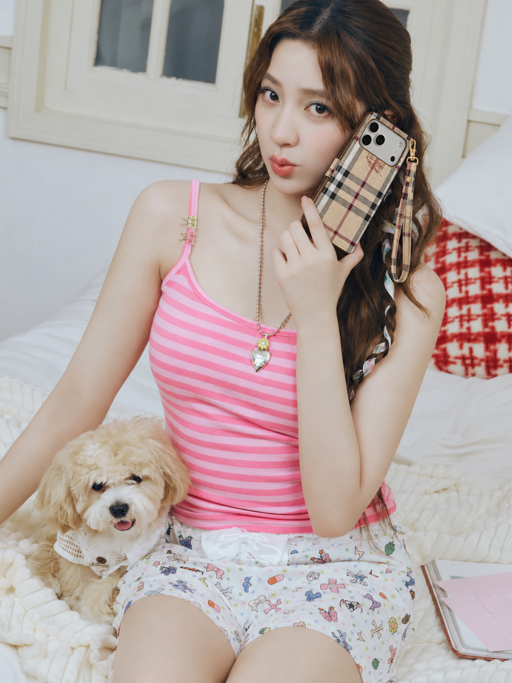 Beige Check Flip iPhone Case with Wrist Strap — lifestyle scene 6