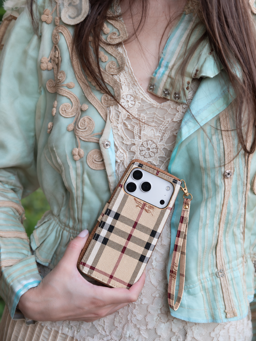 Beige Check Flip iPhone Case with Wrist Strap — lifestyle scene 3