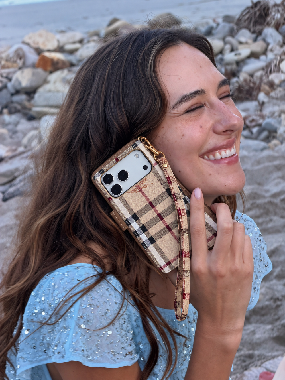 Beige Check Flip iPhone Case with Wrist Strap — lifestyle scene 2