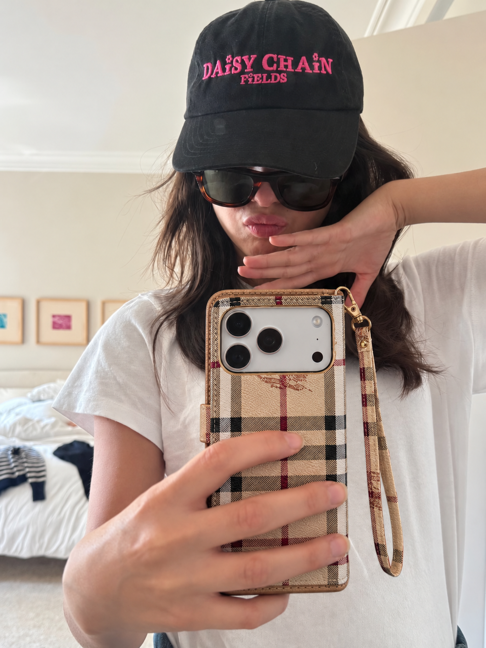 Beige Check Flip iPhone Case with Wrist Strap — lifestyle scene 4