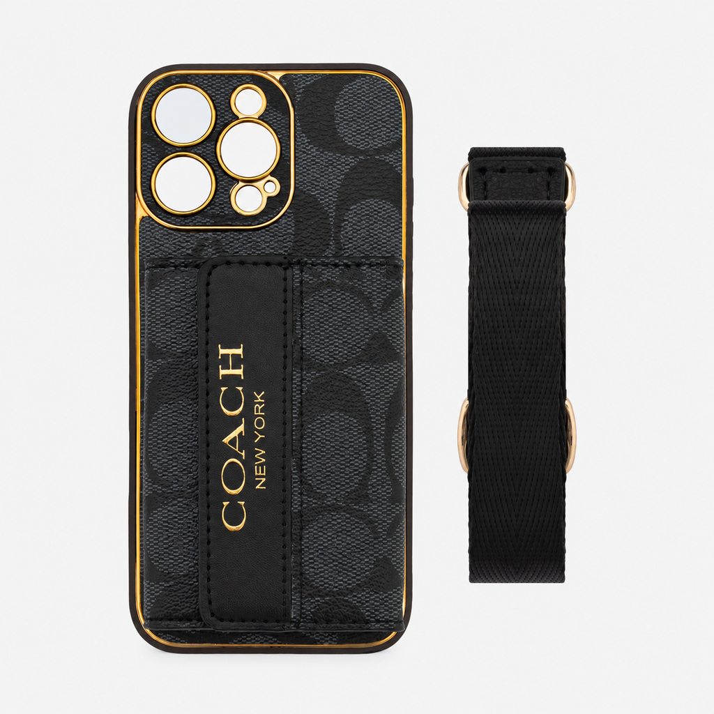 Black monogram iPhone case and black strap on light gray background