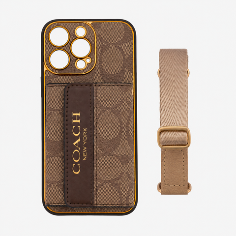 Brown monogram crossbody iPhone case and strap on light gray background