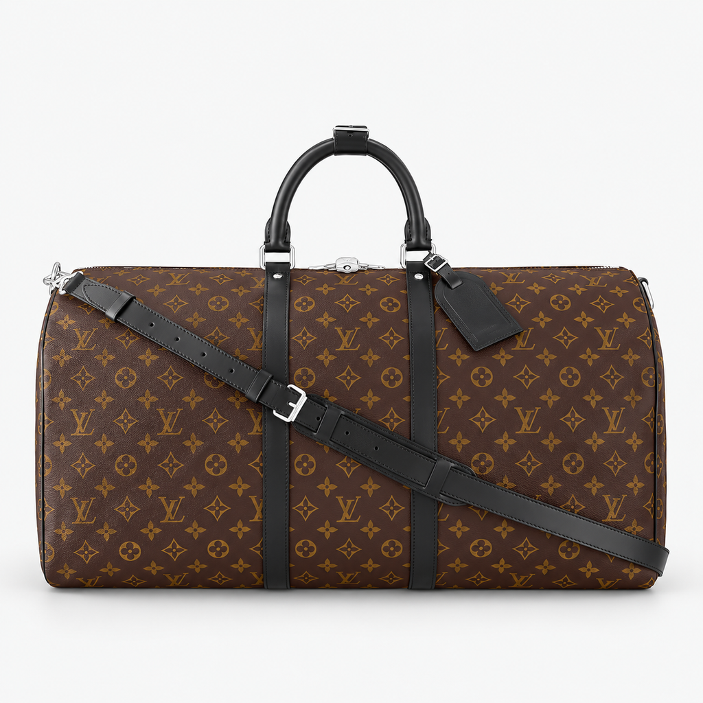 Brown monogram travel duffle bag with black handles and detachable shoulder strap on a soft light gray background