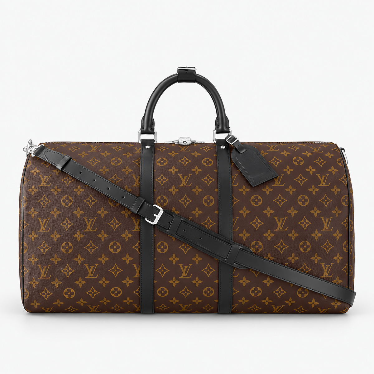 Brown monogram travel duffle bag with black handles and detachable shoulder strap on a soft light gray background
