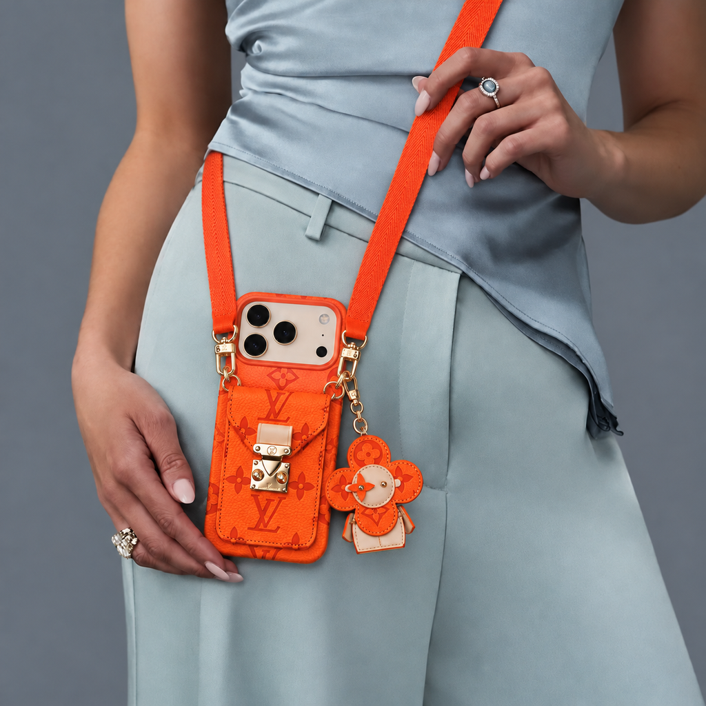 Orange monogram iPhone case with pocket and flower charm — mint tailored outfit, view 01