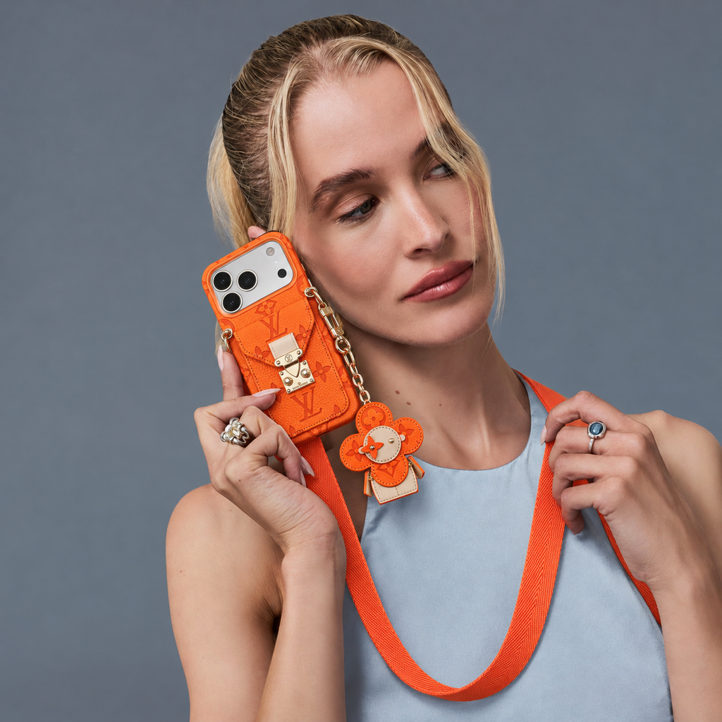 Orange monogram iPhone case with pocket and flower charm — mint tailored outfit, view 02
