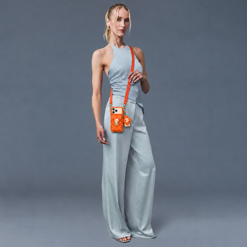 Orange monogram iPhone case with pocket and flower charm — mint tailored outfit, view 04