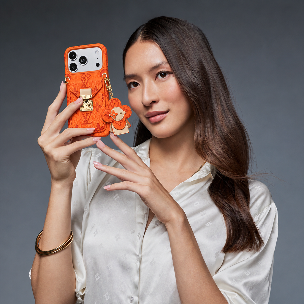 Orange monogram iPhone case with pocket and flower charm — white blouse and denim, view 04