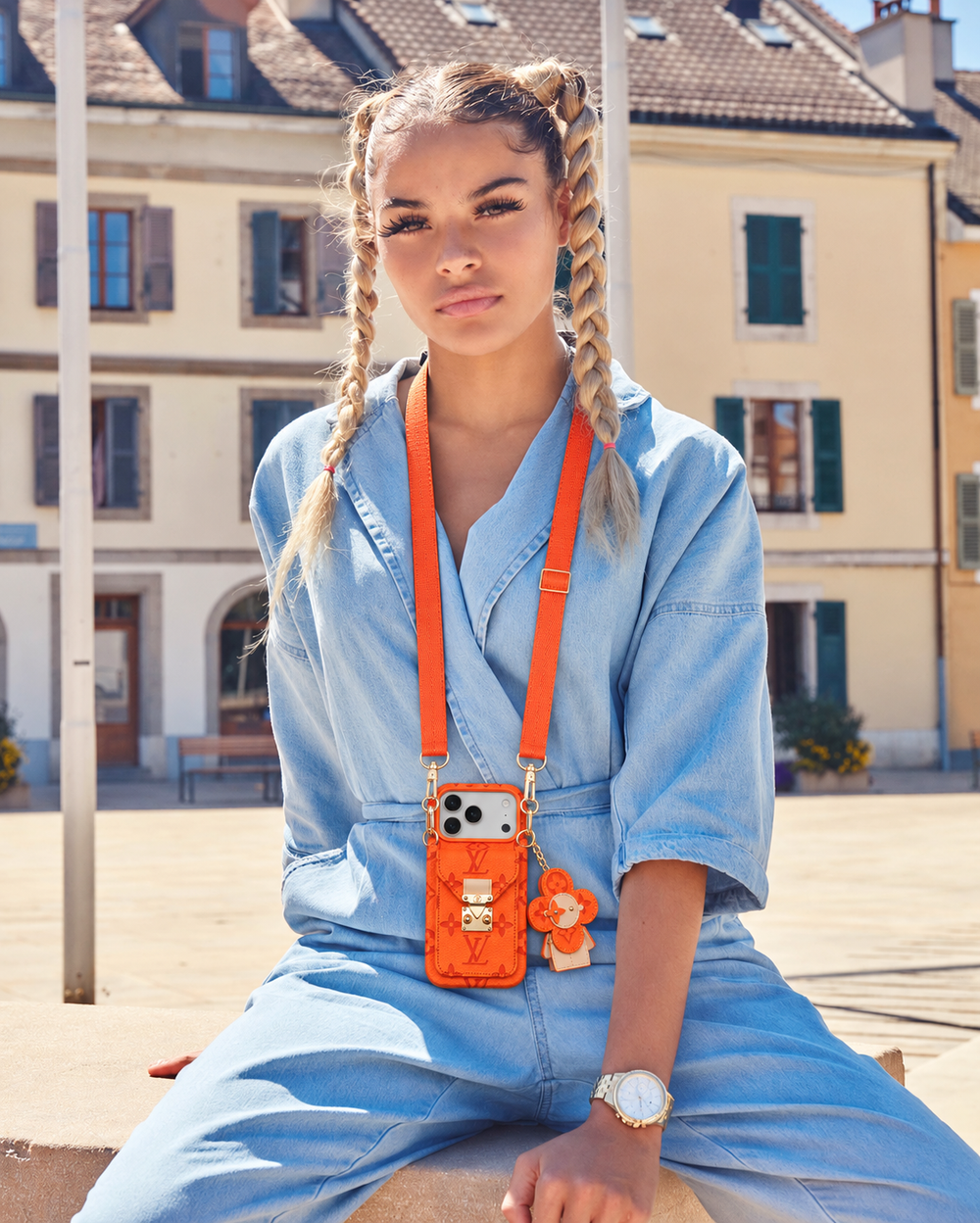 Orange monogram crossbody iPhone case with pocket and flower charm, lifestyle scene 5